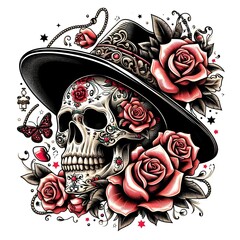 Sugar Skull with Roses and Hat