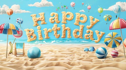 A vibrant beach setting features colorful balloons, umbrellas, and sand, celebrating a cheerful birthday theme with joyful decorations.