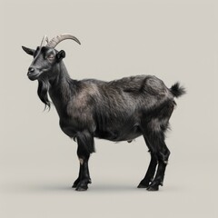 Obraz premium Medium shot of a black goat full body shot, isolated on a light solid pastel white background,