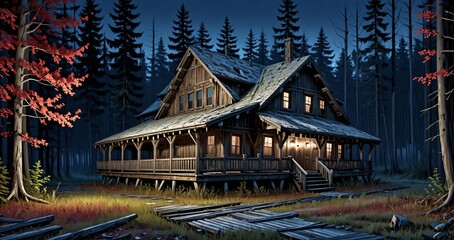 wood log cabin lodge in the woods at night. wooden house in the forest surrounded by dark tree silhouettes in the wilderness.