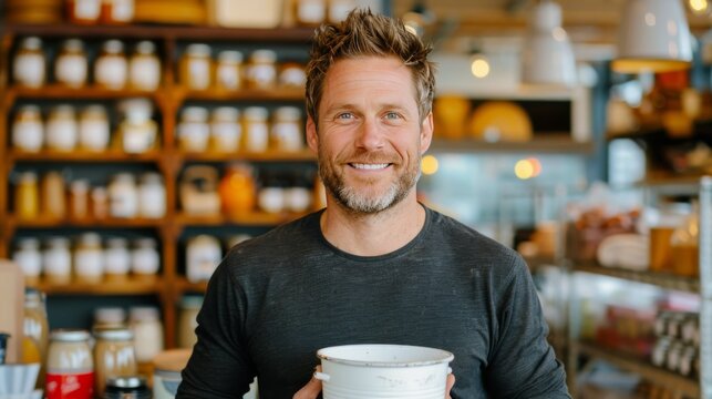 Smiling Man Holding Bucket in Hardware Store Aisle During Daylight Hours
