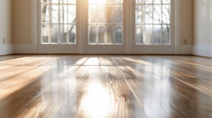 Fototapeta premium Sunlight Streaming Through Windows Onto Beautiful Hardwood Floor in Morning Light