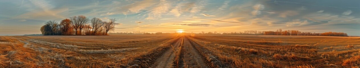 Fototapeta premium Sweeping Panoramic View of a Field with Trees and Earthy Textures at Sunset, Capturing the Serene Beauty of Nature's Twilight