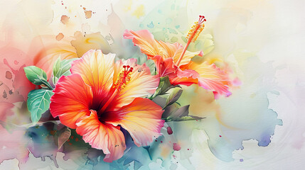 Watercolor hibiscus with color mixing on paper, vibrant and natural blending of colors, light background