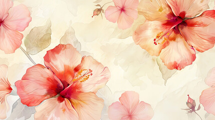 Watercolor hibiscus with gradient washes, seamless color transitions, soft and dreamy hues, light beige background