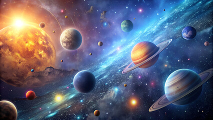 Colorful Solar System with Planets and Stars in Outer Space