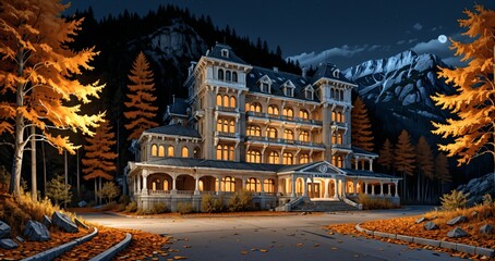 luxury hotel resort at the base of a mountain in the yellow orange autumn woods at night. modern baroque architecture building in the woodland wild forest mountains.