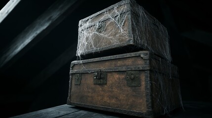 A haunted attic filled with old trunks, cobwebs, and ghostly apparitions, high-resolution photo, realistic photo