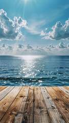 Fototapeta premium Tranquil Seascape A Wooden Deck Overlooking a Sparkling Blue Ocean Under a Clear Sky with Fluffy Clouds