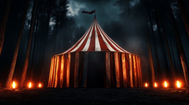 A haunted circus tent with ghostly performers, flickering lights, and eerie music, high-resolution photo, realistic photo
