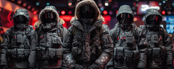 A group of five individuals wearing heavy, insulated winter gear with hoods and masks, standing together in a dimly lit environment with red ambient lighting