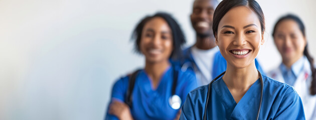 Smiling women healthcare workers and doctors at community health fair providing services and support