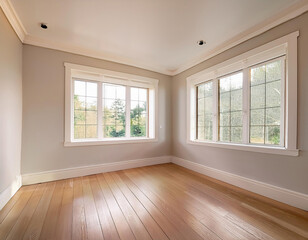 Fototapeta premium interior new house, empty room with white window, walls and wooden floor. Real estate concept