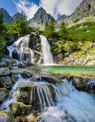 Obraz premium Waterfalls at stream Studeny potok in High Tatras mountains ,Western Carpathians, Slovakia