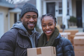 A happy couple standing outside their new home on a cold day, smiling warmly at the camera, and surrounded by cardboard boxes ready for moving