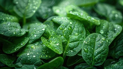 A lush close-up view of vibrant green spinach leaves with glistening water droplets showcasing the beauty and freshness of organic plant life in a meticulously detailed image