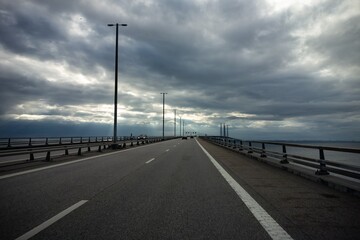 Driving on Oresund bridge connecting Malmo, Sweden and Copenhagen, Denmark