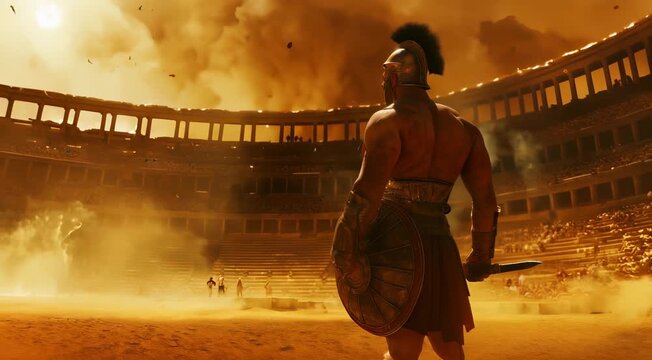 Gladiator poised for battle in a dusty ancient arena with a cheering crowd