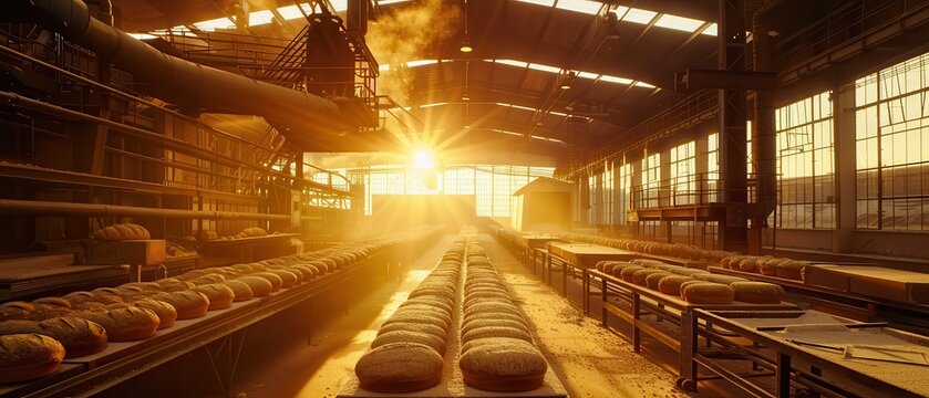 Sunlit hall filled with rows of bread ready for baking. Free copy space for text.