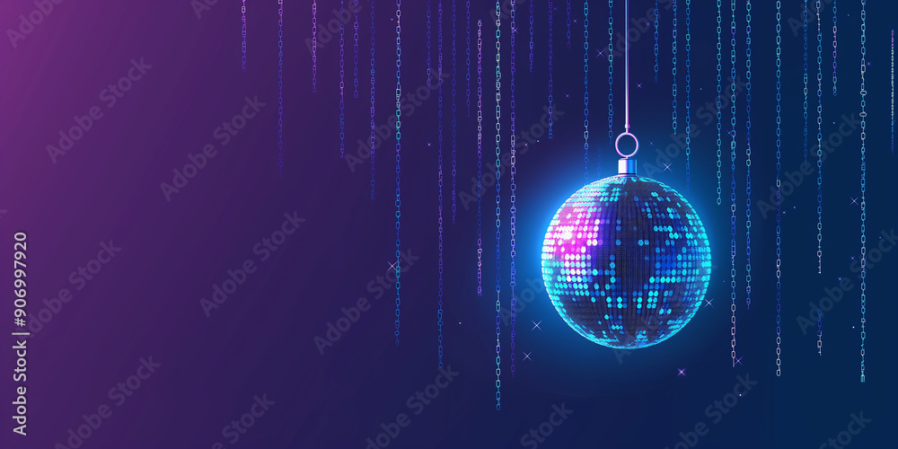 Poster Disco ball hanging from binary code suggesting cyber party concept