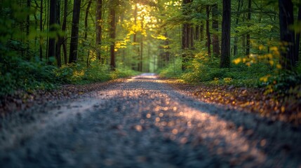 A peaceful forest path with dappled sunlight filtering through the trees, creating a serene and inviting atmosphere for a tranquil nature walk