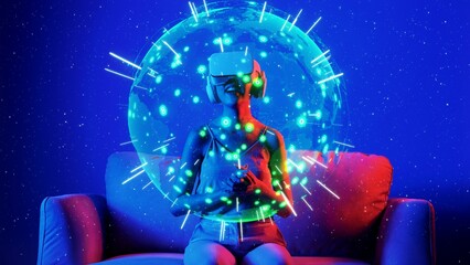 Sitting on sofa of woman in VR circle shape signal point station network international world map on neon lighting. Futuristic technology global connectivity design 3D digital graphic. Hallucination.