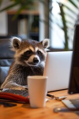 A raccoon engrossed in tasks sits in an office space behind a laptop with a coffee mug on the desk.