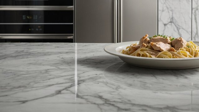 a dish of creamy chicken Alfredo plasta together with text space