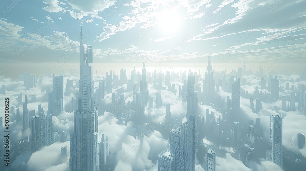 Wall mural A breathtaking view of a futuristic city bathed in sunlight, piercing through the clouds, symbolizing progress, innovation, ambition, and a bright future.