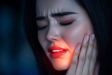 a woman experiencing toothache, holding her cheek with a pained expression. The image highlights the concept of pain with a red glow on her cheek, emphasizing the discomfort and urgency of dental care