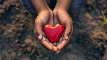 Fototapeta premium Child holding red heart-shaped object in hands surrounded by soil and greenery outdoors