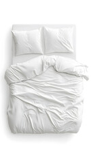 Blank white bed mock up, top view isolated on white background. Empty blanket and pillows mockup in bedstead