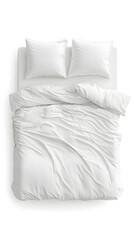 Blank white bed mock up, top view isolated on white background. Empty blanket and pillows mockup in bedstead