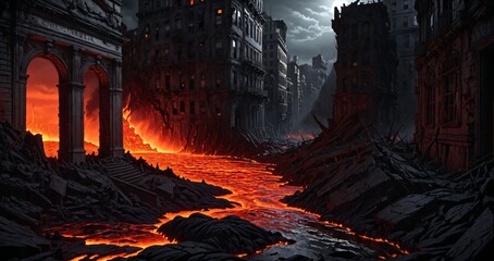 post apocalyptic city buildings drowning in lava during post apocalypse cataclysm. destroyed town ruins in magma with gate of hell hellmouth inferno entrance.