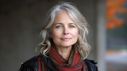 Fototapeta premium A serene portrait of an older woman with gray hair, wearing a colorful scarf and a black jacket, standing outdoors during autumn with a soft and peaceful expression