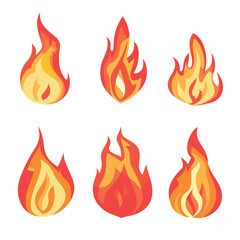 Six different flame icons, cartoonstyle fire unique. Bright orange yellow gradients convey heat energy. Ideal graphics hazard signs hot theme designs