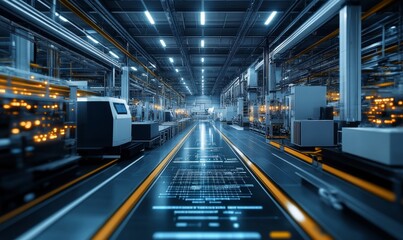 Industry 4.0 smart factory interior showcases IIoT machines, efficient workstations, and automated production lines, optimizing the manufacturing process for improved performance Generative AI