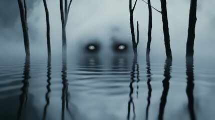 Obraz premium A haunted swamp with ghostly figures, fog, and glowing eyes in the water, high-resolution photo, realistic photo