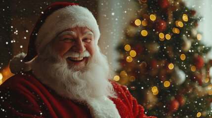 Santa Claus is smiling and standing in front of a Christmas tree, creating a festive atmosphere.