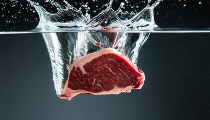 Raw meat piece splashed dipped into water isolated on dark background, kitchen, cook, cooking, food, chef, restaurant