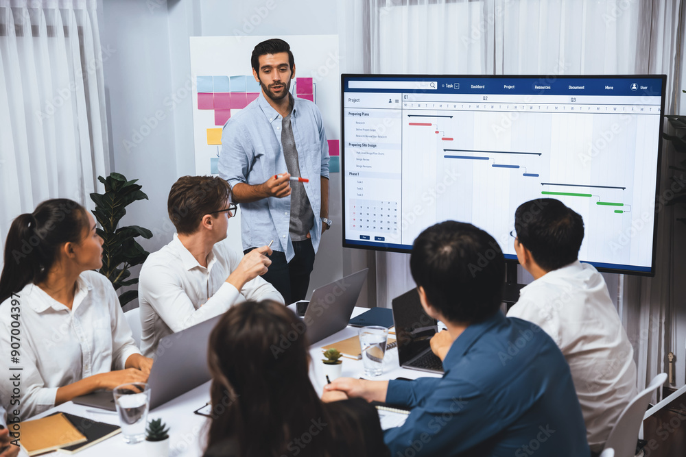 Poster project manager communicate and collaborate with team using project management software display on m