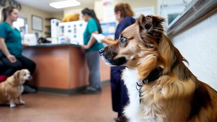 A small dog observes the activity in a veterinary clinic as staff attend to other pets.