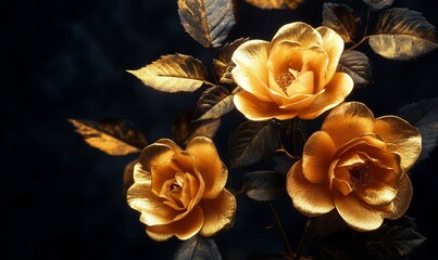 Golden roses on black background. Elegant golden roses flowers wall art, Generative AI