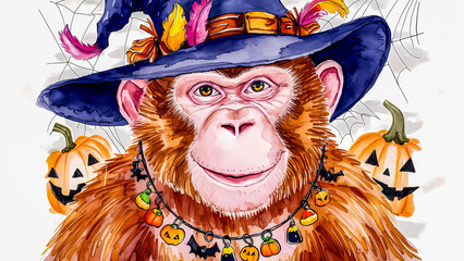 Cheerful halloween monkey in whimsical watercolor on light background - perfect for vibrant illustrations, posters, and paintings