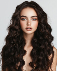 Naklejka premium Beautiful brunette model girl with long curly hair . woman hairstyle wavy curls . Fashion , beauty and makeup portrait