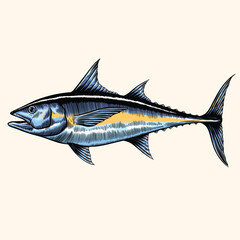 Tuna fish illustration. Vintage tuna fish drawing. Tuna fish drawing in vintage engraving style