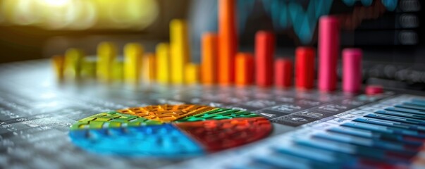 A vibrant display of colorful 3D graphs and charts representing financial data and business analytics on a digital screen
