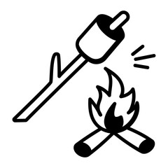 A hand drawn icon of roasting marshmallow on camping fire 