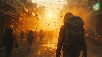 a huge swarm of flies attacked a group of screaming and running people 