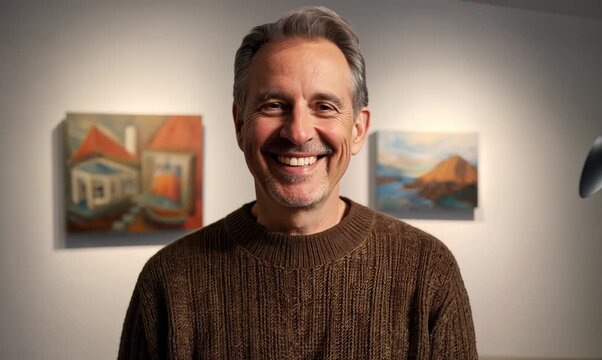 Studio portrait video of a grinning man in his 50s wearing a cozy sweater against an art gallery or museum background